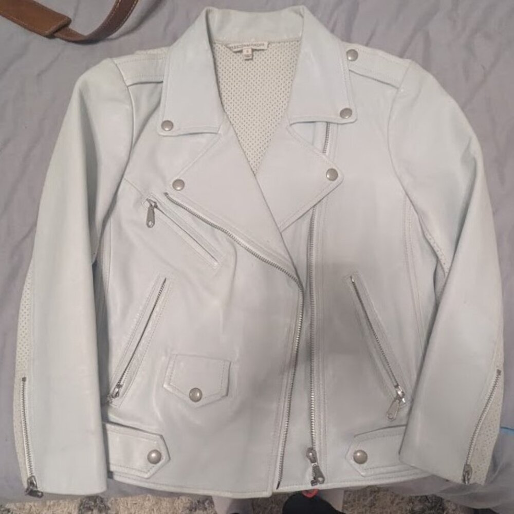 Rebecca Minkoff Sz S - Baby blue leather moto jacket 3/4 sleeves